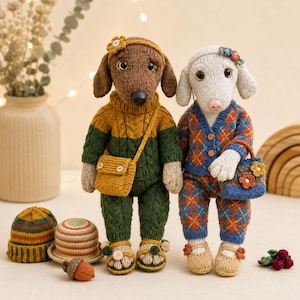 May include: Two handmade knitted dog dolls. The left doll is brown, wearing a green and yellow cable-knit sweater, matching pants, a yellow crossbody bag, and sandals. The right doll is white, wearing a blue and orange argyle cardigan and pants.