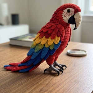Peut inclure: Une figurine de perroquet crochetée à la main avec un corps rouge vif et des ailes superposées dans des tons de jaune, vert et bleu. L'oiseau possède un bec crème avec une base noire, une tache faciale blanche, des yeux sombres et des pattes grises.