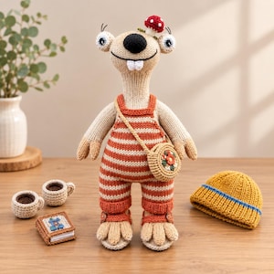 May include: A beige crocheted creature with a black nose, two white teeth, and a small red mushroom on its head. It wears orange and white striped overalls, a matching crossbody bag with a floral design, and orange sandals. Two small crocheted cups, a tiny book, and a yellow beanie are nearby.