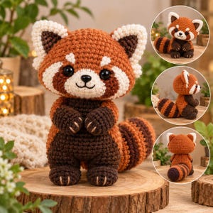 Puede incluir: Un peluche de panda rojo tejido a ganchillo con cabeza redonda, marcas faciales blancas y marrones, ojos negros y nariz pequeña. El cuerpo es marrón con una cola a rayas, mostrado de frente, de lado y de espaldas en tres recuadros circulares.