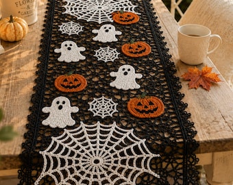 Modèle PDF de chemin de table au crochet pour Halloween, décor en dentelle fantôme, citrouille et toile d'araignée, téléchargement instantané