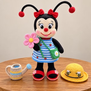 以下が含まれることがあります： 黒い触角、赤いリボン、イチゴ柄の青と白のストライプのドレスを着たかぎ針編みのテントウムシの人形。白い花のついた緑のバッグを持ち、赤いサンダルを履いています。小さなじょうろと黄色い帽子が添えられています。