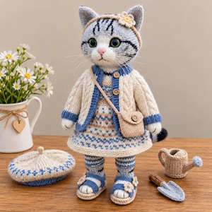 May include: A knitted cat doll with grey tabby fur, wearing a cream cable-knit cardigan with blue trim, a patterned dress, matching socks, and blue sandals with flower accents. It has a small beige crossbody bag, a beret, and a tiny watering can.