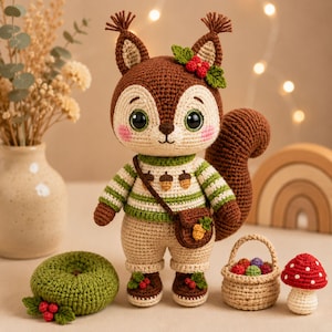 Könnte beinhalten: Eine gehäkelte Eichhörnchen-Puppe aus braunem und cremefarbenem Garn, die einen gestreiften Pullover mit Eichelmotiven und eine kleine Umhängetasche trägt. Das Eichhörnchen hat große schwarze Augen, rosa Wangen und buschige Ohren. Zubehör umfasst einen grünen Beerenkranz, einen kleinen geflochtenen Korb mit bunten Bällen und einen rot-weiß gepunkteten Pilz.