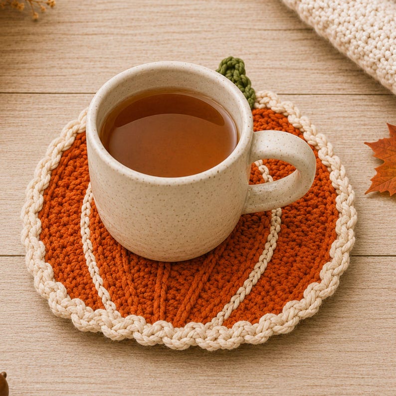 Peut inclure: Un dessous de verre rond en crochet en forme de citrouille orange, dot&eacute; d'une petite tige verte sur le dessus et d'une bordure tress&eacute;e couleur cr&egrave;me. Une tasse en c&eacute;ramique blanc cass&eacute; mouchet&eacute;e contenant un liquide brun est pos&eacute;e dessus.