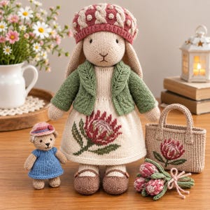 May include: A knitted rabbit doll wearing a red and white cable-knit beret, a green cardigan, and a cream dress with a red protea flower design. The rabbit has brown shoes, a matching cream handbag with a protea, and a small bear in a blue dress.