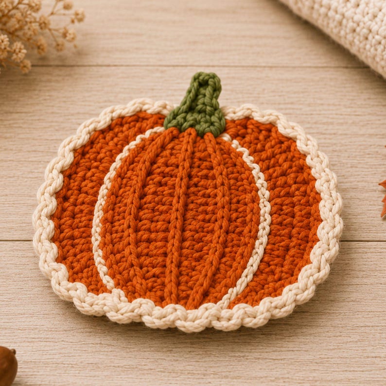 Peut inclure: Un dessous de verre en forme de citrouille crochet&eacute;e, pr&eacute;sentant un centre orange vif avec une texture c&ocirc;tel&eacute;e verticale, une petite tige verte sur le dessus et une bordure festonn&eacute;e cr&egrave;me encadrant la forme de la citrouille.