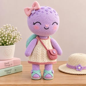 Lavender Turtle Girl Knitting Pattern PDF, Turtle Doll, Cable Dress, Sun Hat, Shell Backpack, Bag, Sandals, Garden Toy Pattern