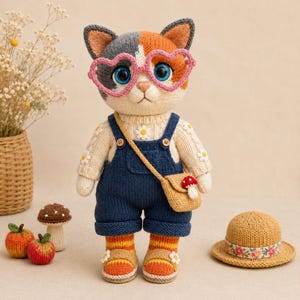 Puede incluir: Una muñeca de gato tricotada de tres colores con gafas rosas en forma de corazón, un suéter color crema con margaritas, un peto azul marino, calcetines a rayas y sandalias. El gato lleva un pequeño bolso bandolera beige con un adorno de seta.
