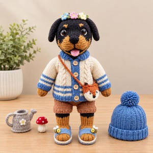 Puede incluir: Una muñeca de perro tejida a ganchillo con hilo negro y marrón, que lleva un cárdigan de punto trenzado crema y azul con botones de madera, pantalones cortos marrones y sandalias azules con abejas. Tiene una corona de flores y un bolso de zorro.