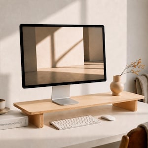 Puede incluir: Un soporte para monitor de madera clara con una superficie rectangular lisa y dos soportes laterales resistentes. El soporte está colocado sobre un escritorio, sosteniendo un monitor de computadora, con un teclado y un ratón blancos delante.