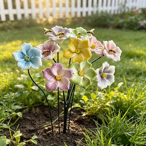 Può includere: Un picchetto decorativo da giardino con un gruppo di fiori in ceramica multicolore nelle tonalità del blu, giallo, rosa e verde. Ogni fiore è fissato a un sottile stelo in metallo nero e decorato con una piccola statuetta d'ape realistica.