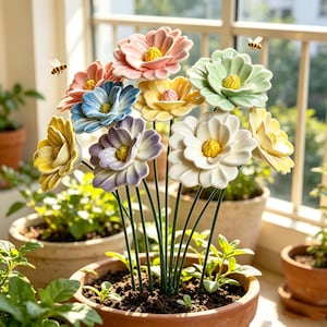 May include: A collection of ceramic flowers in various pastel colors including pink, blue, yellow, purple, green, and white, each with a yellow center, mounted on thin green metal stems and planted in a terracotta pot with two small bees.