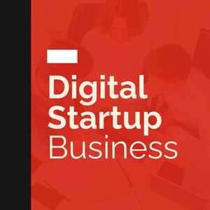 Könnte beinhalten: Ein rotes digitales Präsentations-Cover mit dem weißen Text Think Unlimited oben, dem Titel Digital Startup Business in großer weißer Schrift und dem Text Prepared by Sameera Aman unten, überlagert von einem blassen Bild arbeitender Personen.