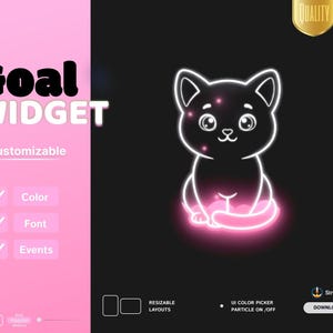 Puede incluir: Un widget de objetivo digital con el contorno de un gato en estilo neón blanco con una base rosa brillante sobre un fondo negro. El lado izquierdo es rosa con el texto Goal WIDGET, Customizable, Color, Font y Events. Incluye iconos y elementos.
