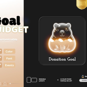 May include: A digital goal widget graphic featuring a glowing capybara illustration with a liquid-fill effect. The interface includes the text Goal WIDGET, Donation Goal, and StreamElements, with customizable options for color, font, and events displayed.