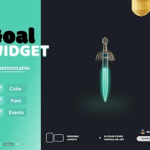 Puede incluir: Una interfaz de widget de objetivo digital con el texto Goal Widget, Customizable, Color, Font y Events. Un icono de espada cian brillante se muestra sobre un fondo oscuro. Incluye elementos de interfaz para diseños redimensionables y descarga.