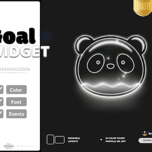 May include: A digital goal widget interface featuring a glowing white panda head icon on a dark background. The layout includes text reading Goal WIDGET, Customizable, Colour, Font, Events, and StreamElements. It displays UI colour picker options.