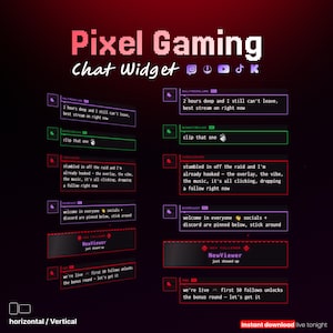 May include: A digital pixel gaming chat widget overlay set featuring various colored message boxes with text, user icons, and platform logos. The display includes horizontal and vertical layouts with dark backgrounds and neon-style text elements.