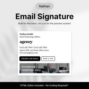 Op de afbeelding: Een digitaal e-mailhandtekeningsjabloon met de naam Nathan Smith, de functietitel Chief Technology Officer, bureaunaam, telefoonnummer, adres, website en twee knoppen met de tekst Editable Link Button en Book a visit, inclusief een banner.