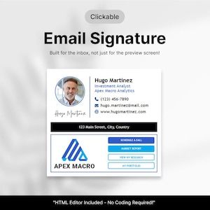 E-mailhandtekeningsjabloon, klikbare HTML-code, geen programmeerkennis vereist! Inclusief interactieve app voor lokale aanpassing.