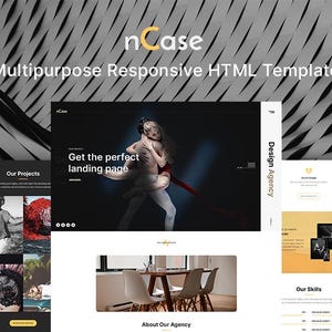 May include: A digital display of the nCase multipurpose responsive HTML template, featuring a dark-themed landing page with a central image of two dancers, a section titled Our Projects, and a Design Agency layout with yellow accents.