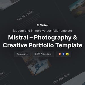 Peut inclure: Un modèle de portfolio numérique au thème sombre intitulé Mistral - Photography & Creative Portfolio Template. La mise en page présente du texte blanc sur fond noir, incluant des sections Visual Studio, Gallery et Our Services, avec des icônes HTML, CSS et JS.