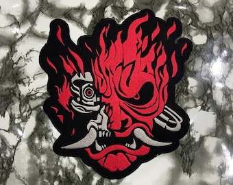 Cyber Demon Samurai Oni Hannya Cyberpunk Embroidered Iron On Patch 4 and 10 inches