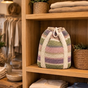 May include: A crochet drawstring bag featuring horizontal stripes in muted shades of green, pink, purple, and cream. The bag has a thick, cream-colored crocheted strap and a matching drawstring closure at the top, constructed with a textured yarn stitch.