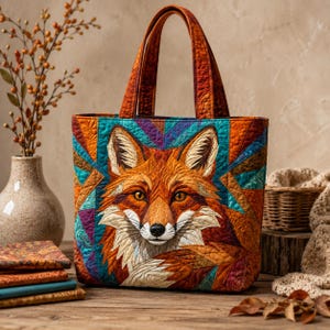 May include: A quilted tote bag featuring a detailed fox portrait on the front. The design incorporates vibrant orange, teal, and purple geometric fabric panels with intricate stitching. The bag has two matching fabric handles and a structured shape.