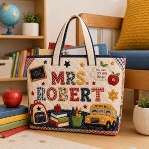 May include: A quilted tote bag featuring the text MRS. ROBERT and YOU CAN DO BIG THINGS. The cream-colored fabric is decorated with appliqués of a chalkboard, a backpack, a stack of books, crayons, and a yellow school bus with three passengers.