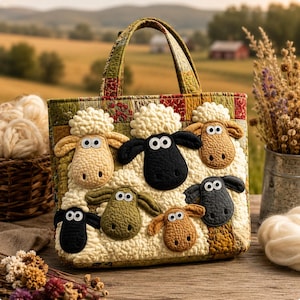 May include: A quilted tote bag featuring a patchwork pattern in earthy tones and multiple three-dimensional fabric sheep appliqués. The sheep are depicted in various colors including cream, black, olive green, and tan, each with large white eyes.