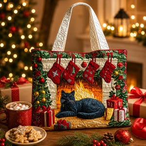 May include: A quilted tote bag featuring a festive fireplace scene with four red stockings hanging above a black cat resting on a hearth. The design includes a decorated Christmas tree, wrapped gifts, and a warm fire, all rendered in fabric.