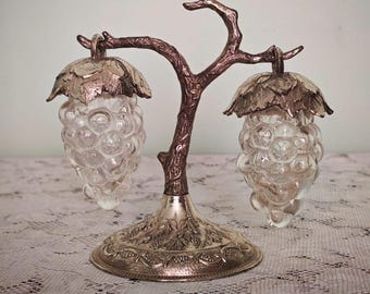 Vintage Silver-Plated Grape Salt & Pepper Shaker Set | Crystal Vessels, Ornate Branch