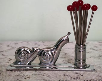 Vintage 1930s Art Deco Chrome & Bakelite Escargot Cocktail Pick Set | Benjamin Rabier-Style Design, 12 Picks
