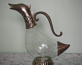 Vintage Silea French Glass Decanter with Silver-Plated Mounts | Mid-Century Bird-Head Pitcher, 900ml Capacity