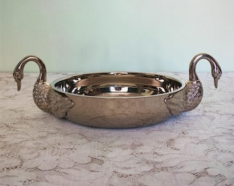 Vintage Silver-Plated Swan Handle Serving Dish | Oval Entrée Bowl | Hollywood Regency Tableware