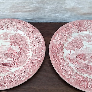 May include: Two round ceramic plates featuring a pink and white transferware pattern. The centre depicts a landscape with trees, a fence, and buildings, while the wide rim is decorated with a detailed border of leaves, flowers, and vines.
