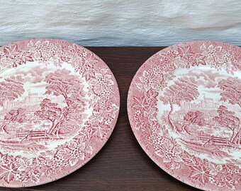 Pair of English Ironstone Plates | Vintage Red Transferware Castle Scene