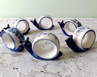 Vintage Blue & White Snail Napkin Rings | Set of 6 | Porcelain French Tableware | Cottagecore Decor