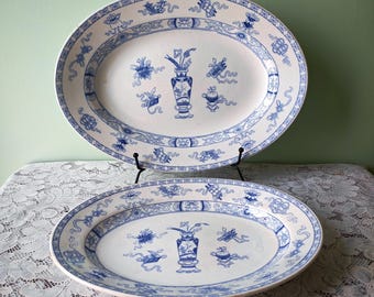 Antique Dutch Regout “Potiche” Oval Plates | Set of 2 |Blue & White Transferware | Chinoiserie Decor