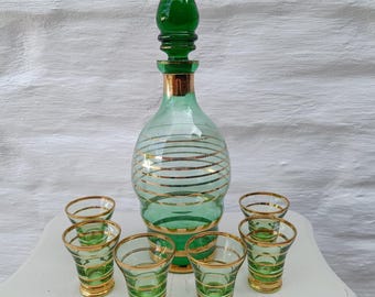 Art Deco Green and Gold Decanter Set | Belgian Made | 1920-1930s