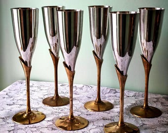Vintage International Silver Company Champagne Flutes | Set of 6 | Silver Plate & Brass | Modernist Barware