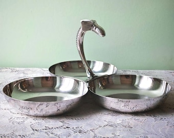 Vintage French Silver-Plated Triple Serving Dish | Figural Fish Handle, Coq Gaulois Mark