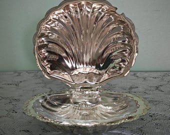 Vintage Shell Butter Dish with Glass Insert and knife | Coastal Nautical Dining Decor