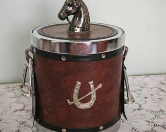 Vintage 1970s Equestrian Ice Bucket | Horse Head Finial, Faux Leather & Chrome | Retro Barware Collectible