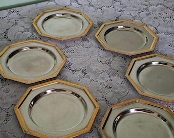 Vintage Silver-Plated Octagon Coasters with golden trim| Set of 6 | Tableware & Bar Decor