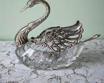 Medium sized Swan Salt & Pepper Cellar with spoon  | Regal Silver Italy | Hollywood Regency | Cottagecore Grandmillennial Table Decor