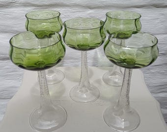 Antique Art Nouveau Green Optic Glass Coupes | Twisted Stems | Set of 5