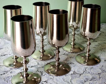 Vintage Italian Silver-Plated Goblets | Set of 6 | Modernist Mid-Century Aperitif Glasses